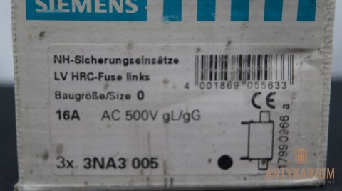 Wkładka bezpiecznikowa 3 sztuki 16A NH0 3NA3005 Siemens